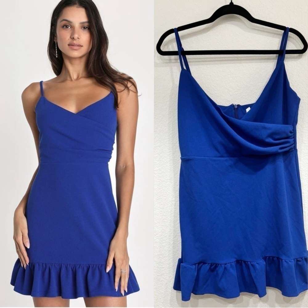 Sz L - NWOT Lulus Impeccable Essence Royal‎ Blue Surplice Tiered Mini Dress
